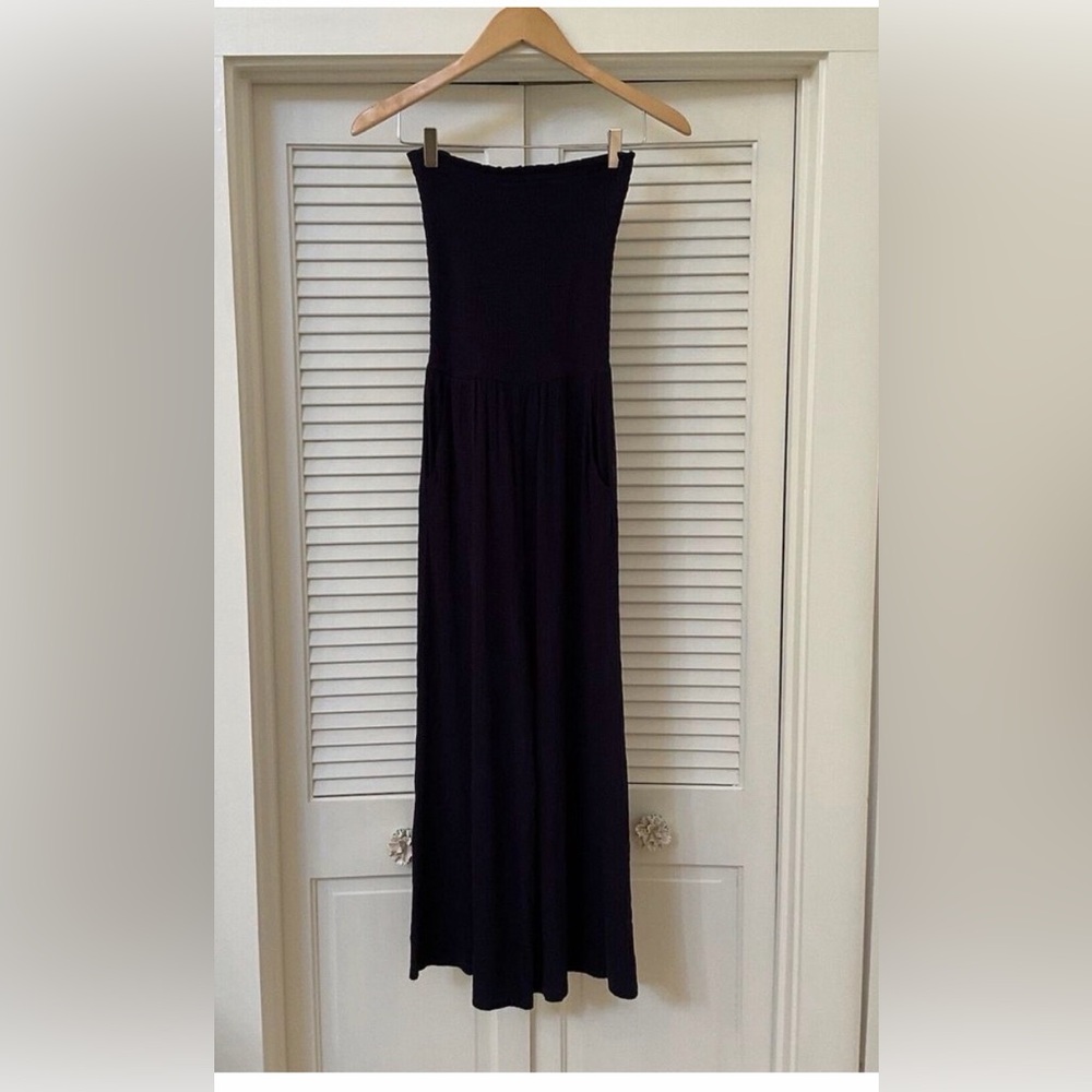Love Tree Navy Blue rouched smocked Strapless Jumpsuit cropped cover up small